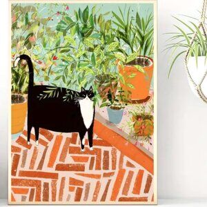 16.5"L x 12"W Boho Blocky Black Cat w/ Houseplants Plants Canvas Art Print New